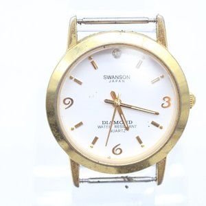 SWANSON Diamond Watch Mens Gold Tone Stainless Steel Classic White Dial Quartz